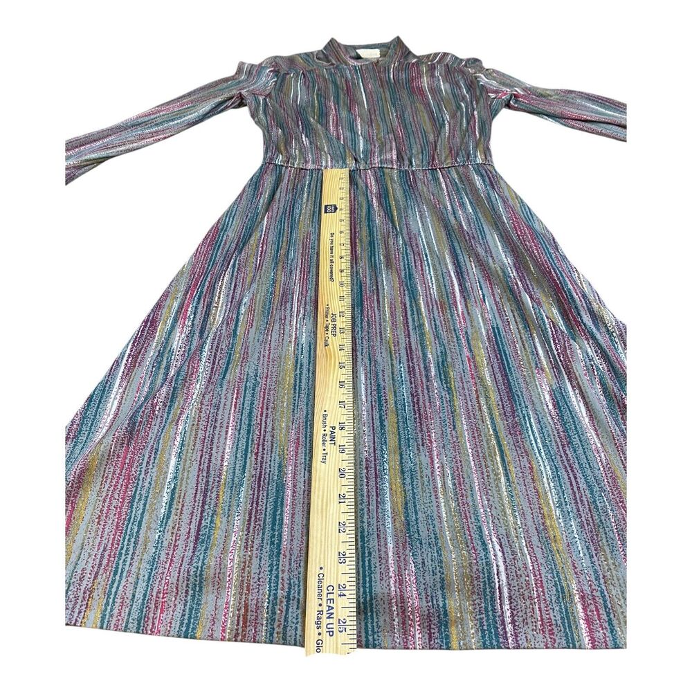 VTG 70s Metallic Striped Midi Dress High Neckline Shirtdress Long Sleeve SMALL - Picture 9 of 14
